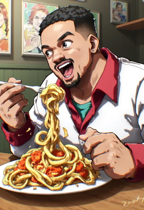 Vibrant anime illustration of Will Smith enthusiastically twirling a forkful of spaghetti around his tongue, surrounded by swirling pasta tendrils and wispy sauce droplets. Soft lighting highlights his joyful expression as he savors the dish in a warm, coz...