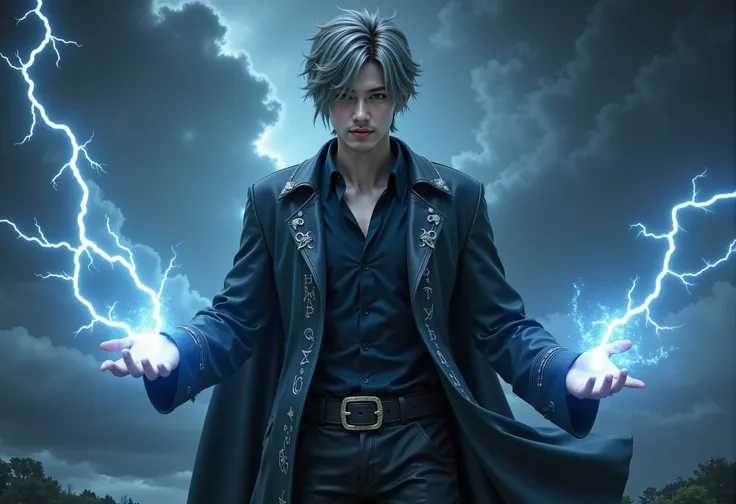 <lora:AntiBlur:2>, ffx5_style
ffxv_style, a highly detailed, realistic CGI image, a digital artwork featuring a young man with an intense and commanding presence. He has short, silver hair that is windswept as he stands at the center of a powerful storm. H...