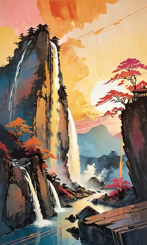 woodblock, <lora:shadow_woodblock_XL:0.9>,
surreal Chinese landscape, vibrant multi-colored mountains with flowing golden waterfalls, luminous mist surrounding the peaks, glowing energy lines tracing the ridges, dynamic brushstrokes for the waterfall, ethe...