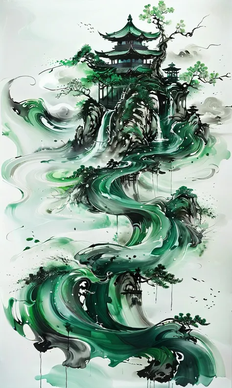 <lora:INK_Glass_XL:0.8>,glass ink painting, ink_glass,vivid emerald green and jade tones, traditional Chinese brushstrokes, ethereal mountains rising from clouds, towering ancient trees with glowing leaves, floating pagodas, gentle wind, delicate figure in...