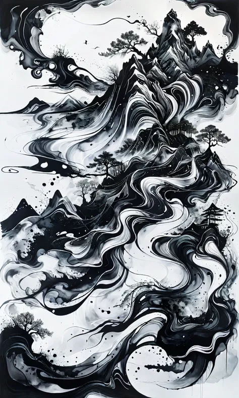 <lora:INK_Glass_XL:0.9>,surreal flowing mountain ranges, ink strokes transforming into rivers, trees and clouds merging, ethereal and fluid shapes, dynamic movement, misty atmosphere, high contrast black and white tones, floating ink particles, dreamlike a...