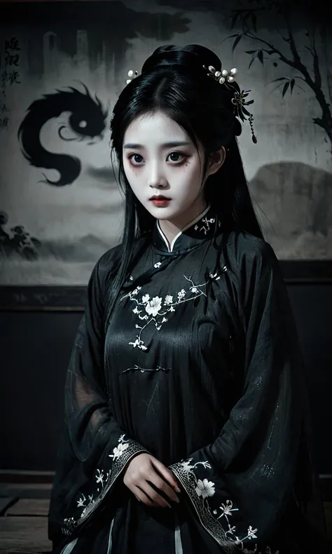 <lora:femaleGhost-XL:1>,1girl, upper body, black and white, traditional Chinese dress, ghostly figure, large eyes, eerie stare, Chinese horror, vintage aesthetic, dark background, supernatural, unsettling atmosphere