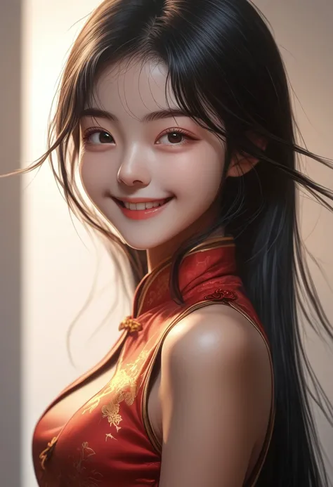 
score_9, score_8_up, score_7_up, ((( )))
,
((( 1girl, solo, smiling)))
,
(( Upper body view, frontal shot))
,
((( Petite )))
,
((( )))
,
((Meilinmb, black hair, long hair))
,
(( Empty white room ))
,
((( Red cheongsam with golden pattern)))
,
((((  ))) 