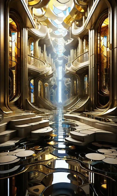 <lora:surrspace2:1>, endless hallways in a space cathedral::2, floating stained glass windows, surreal golden light beams, futuristic columns::3, zero-gravity architecture, awe-inspiring scale, volumetric lighting, cinematic composition, highly detailed, U...