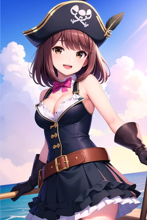 (masterpiece, best quality), highly detailed background, perfect lightingbest quality, shiinakokomi, solo, outdoors, watercraft, pirate, pirate hat, hat feather, black headwear, brown hair, swept bangs, medium hair, brown eyes, medium breasts, white shirt,...