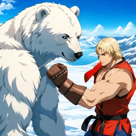 1boy, man fighting bear, KenSFXL, tundra, polar bear,  <lora:KenSFXL:1>, (anime, masterpiece, intricate:1.3), (best quality, hires textures, high detail:1.2), (4k),(incredibly detailed:1.4),UHD, 8K, ultra detailed