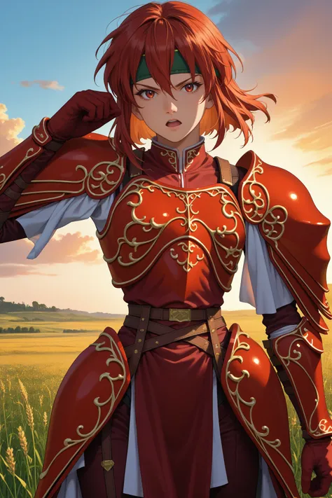 score_9, score_8_up, score_7_up, score_6_up, source_anime, 1girl, solo, <lora:feminerva-pdxl-nvwls-v1-000005:1> feMva, red hair, short hair, red eyes, green headband, red armor, shoulder armor, gauntlets, gloves, brown pants, pelvic curtain, armored boots...