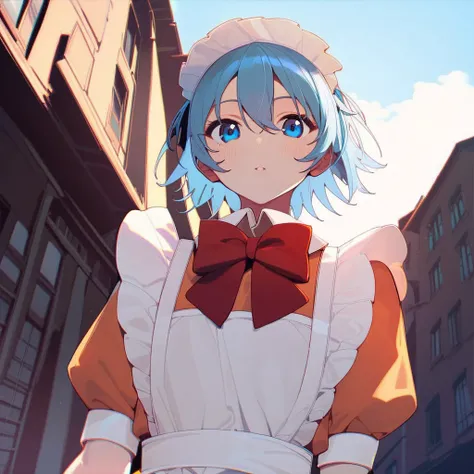 score_9, score_8_up, score_7_up, score_6_up, best quality, high detailed, BREAK
female, solo, long eyelashes, cute, 
Chikoi the Maid, maid, white maids headband, blue hair, short hair, blue eyes, Red bow tie, orange maid suit
looking at you,
scenery porn, ...