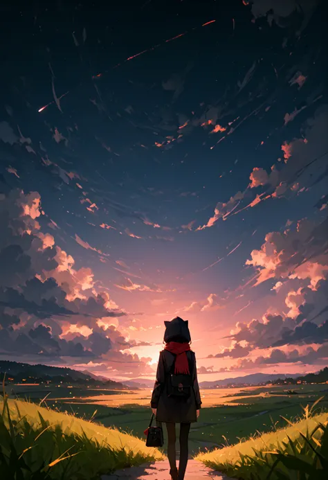 score_9, score_8_up, score_7_up, best quality, source_anime BREAK, 1girl, solo, sky, cloud, outdoors, scenery, black hair, grass, from behind, long hair, standing, cloudy sky, dark, hood, sunset, bag, jacket, night, scarf, long sleeves, facing away,