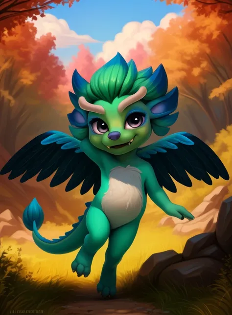 <lora:HeavenBeastSeaElvDom:1> HeavenBeastSeaElv, dragon, wings, red eyes, white belly, fangs, purple nose, green skin, chibi, small body,(tail, tassel tail), blue eye makeup,
Looks at the viewer, [  solo, (nature), forest, day, clouds, waterfall,]((dancing...