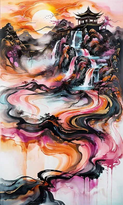 <lora:INK_Glass_XL:0.9>,glass ink painting, ink_glass,  surreal Chinese landscape, vibrant multi-colored mountains with flowing golden waterfalls, luminous mist surrounding the peaks, glowing energy lines tracing the ridges, dynamic brushstrokes for the wa...