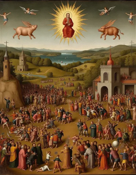 <lora:Wheres_Hieronymus_V3:1>  intricately detailed, highly detailed, waldobosch, hundreds of people, a flying pig, saint Augustine, a procession of trumpeters. The Archbishop of Perth. flagellants. The harrowing of hell. Hide waldo somewhere in the image