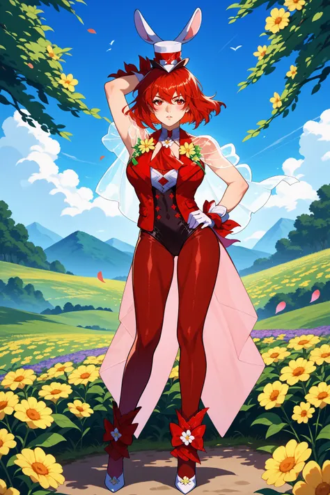 score_9, score_8_up, score_7_up, score_6_up, source_anime, 1girl, solo, <lora:feminerva-pdxl-nvwls-v1-000005:1> feMva, red hair, short hair, red eyes, fake rabbit ears, white hat, red vest, red ascot, leotard, see-through capelet, dark red pantyhose, whit...