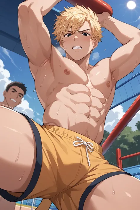 ,score_9, score_8_up, score_7_up, source_anime, rating_explicit, wet, pull ups, WukongRWBY, (blonde_Wukong_short hair), black eyes, 2ndboy, 2ndmale focus, mature male, manly, yellow_Wukong_monkey tail, oversized thighs, topless, shorts, arms up, armpits, s...