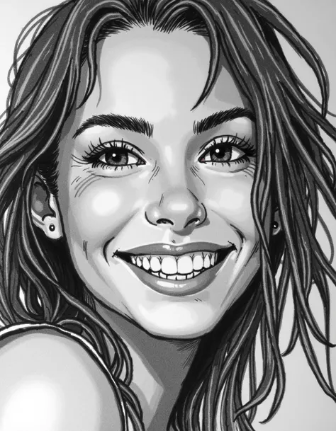 a drawing of close view of a woman smiling at the viewer, monochrome