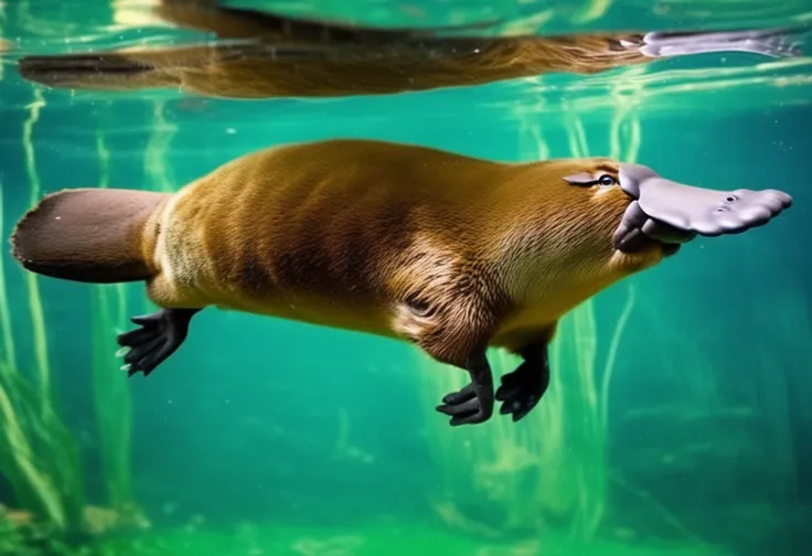 A brown platypus swimming underwater, diving down, clear water, beautiful nature photography