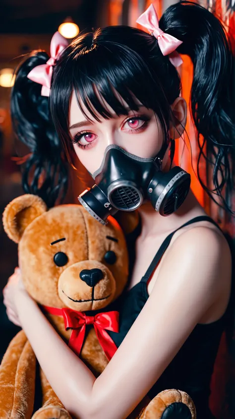 score_9, score_8_up, score_7_up, Darkness, horror, creepy, Very strong style of Vincent van Gogh, oil painting of disease, mine - type, mass - produced type, gas mask, cross, ribbon, heart, slanted eyes, twintails, thick coating, black hair, pink eyes, hug...