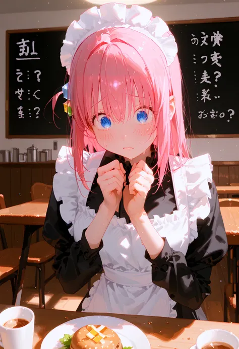 ciloranko, ningen mame, wlop, 1girl, gotoh hitori, @_@,  bocchi the rock!, black dress, blue eyes, cflustered, cube hair ornament, maid apron, hands up, maid headdress, panicking, sweatdrop, pink hair, solo, upper body, dynamic angle, cafe
BREAK score_9, s...