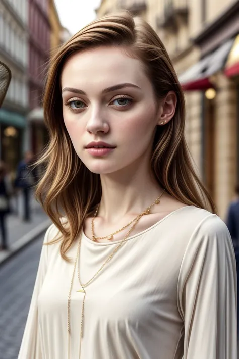 European woman, closeup, (shirt), pants, (shopping street), gold necklace , (), ZM_christy, wide shoulders, perfect face, (contact iris: 1.1), pale skin, skin pores , depth of field