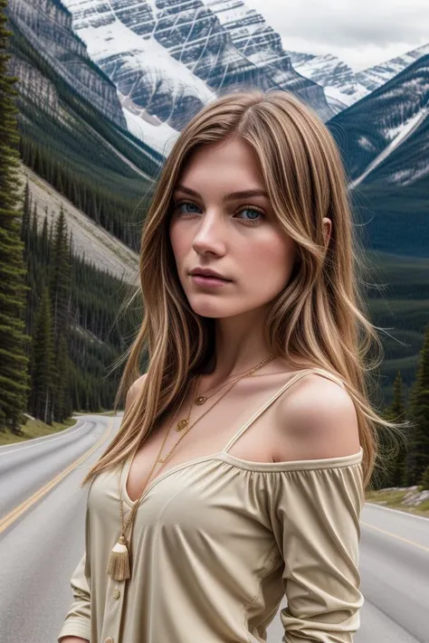 European woman, closeup, (shirt), pants, (banff national park), gold necklace , (), ZM_elenae, wide shoulders, perfect face, (contact iris: 1.1), pale skin, skin pores , depth of field