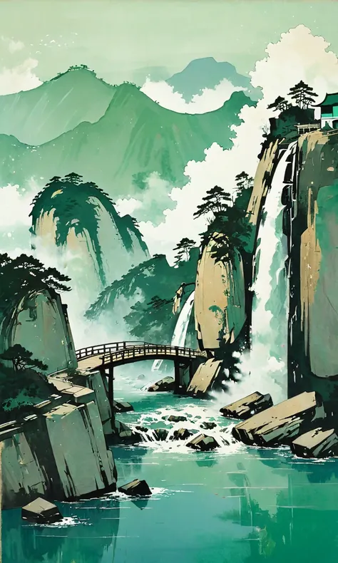 woodblock, <lora:shadow_woodblock_XL:0.9>,
Overlooking Mount huangshan, waterfall,bridge, water, light green water, light green mountains, ships, minimalism,Zen aesthetics,Zen composition,Chinese landscape painting,Traditional Chinese Painting Style, cloud...