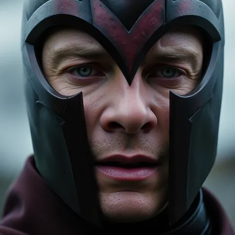 MFSB, Visualize an extreme close-up of Magneto’s face, tears streaming down his cheeks, blending with the rain that falls around him. His helmet sits slightly askew, revealing his anguished expression. His eyes are bloodshot, filled with a mixture of grief...