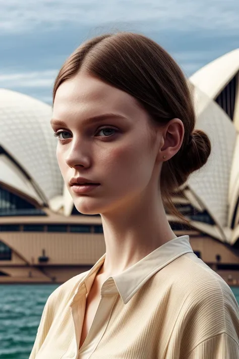 European woman, closeup, (shirt), pants, (sydney opera house), (), (), ZM_celine, wide shoulders, perfect face, (contact iris: 1.1), pale skin, skin pores , depth of field