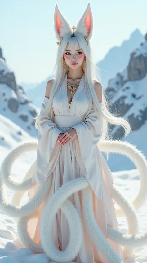 the nine tailed fox,with nine oversized fluffy tails and white fox ears,stands out with makeup,chinese clothing,hair accessories,jewelry,earrings,wide sleeves,and bare shoulders. it is sexy,seductive,and semi transparent on the snowy mountains. filled with...