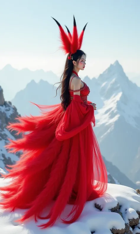 the nine tailed fox, with nine oversized fluffy tails and white fox ears, stands out with makeup, chinese clothing, hair accessories, jewelry, earrings, wide sleeves, and bare shoulders. it is sexy, seductive, and semi transparent on the snowy mountains. f...