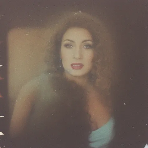 35mm film, bokeh, a glamorous latina with curly+ hair, dusty scan, distorted, dirtyfilm, crooked scan, stained, cracked and torn film, headshot, very busty