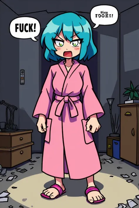 <lora:mooskie_style FLUX:0.9> mooskie, 1girl, short blue hair, angry, mad, shouting, pink robe, open robe, slippers, nude, clenched hand, messy room, dirty floor, in the words "FUCK!"