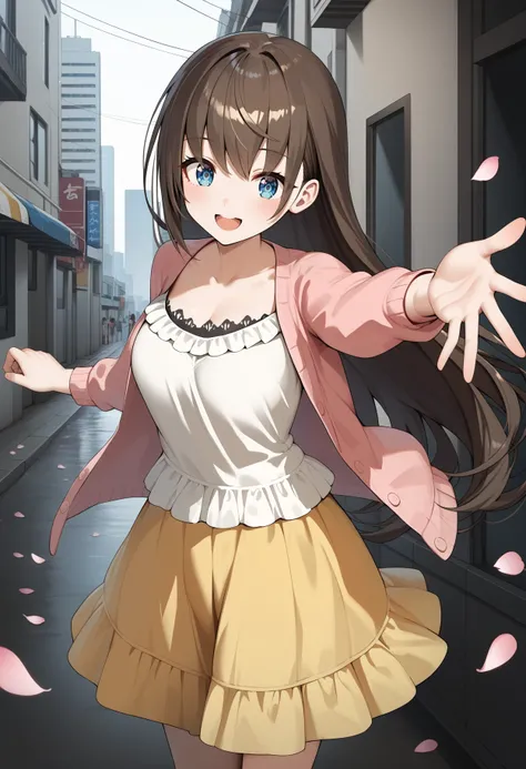 score_9, score_8_up, score_7_up, score_6_up, score_5_up, score_4_up, source_anime, aamio, long hair, brown hair, blue eyes, breasts, collarbone, frilled shirt, white shirt, pink cardigan, open cardigan, long sleeves, yellow skirt, <lora:ikoma_mio_ponyxl_v1...