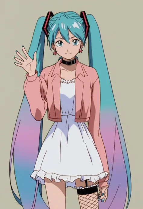 score_9, score_8_up, score_7_up, anime screencap BREAK,
1girl, hatsune miku, blue eyes, blue hair, bow,collar, dress, earrings, fishnets, frills, garter straps, gradient hair, hairclip, jacket, jewelry, long hair, looking at viewer, nail polish, pastel col...