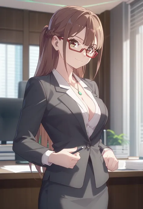 score_9, score_8, score_7, 1girl, solo, BREAK 

ggwpMiranda, solo, long hair, brown hair, brown eyes, braid, formal, suit, under-rim eyewear, red glasses, business suit, 

looking at viewer, faint smile, 

office, indoors,  

masterpiece, best quality, 