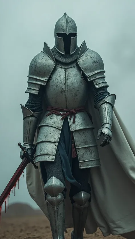 A spectral knight clad in ancient crusader armor roams a desolate battlefield, his form flickering like a ghost. His sword, once a symbol of righteousness, now drips with ethereal blood. The air around him is cold, and his eyes burn with an unfulfilled pur...