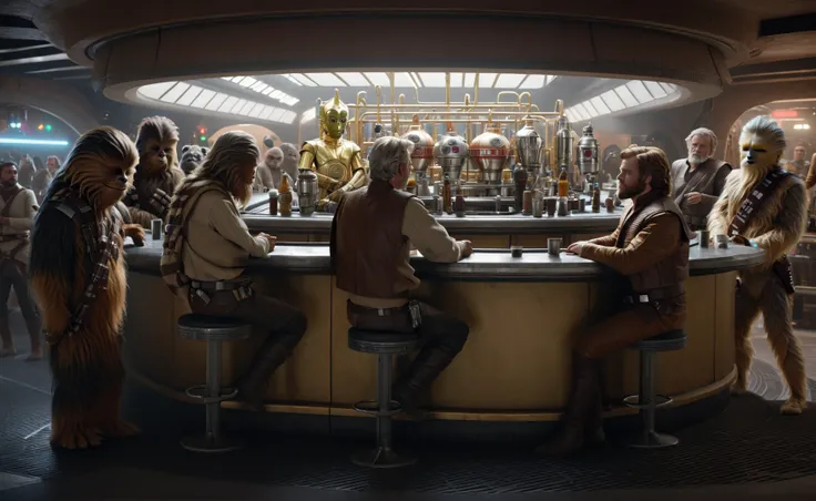 cinematic film still of <lora:Mos-Eisley-Cantina:0.8> MosEisley-Cantina scene with a group of alien creatures standing around a bar, Luke Skywalker Chewie Obi-Wan and C-3PO, insanely detailed, lifelike, centered, portrait, atmospheric, intricate, character...