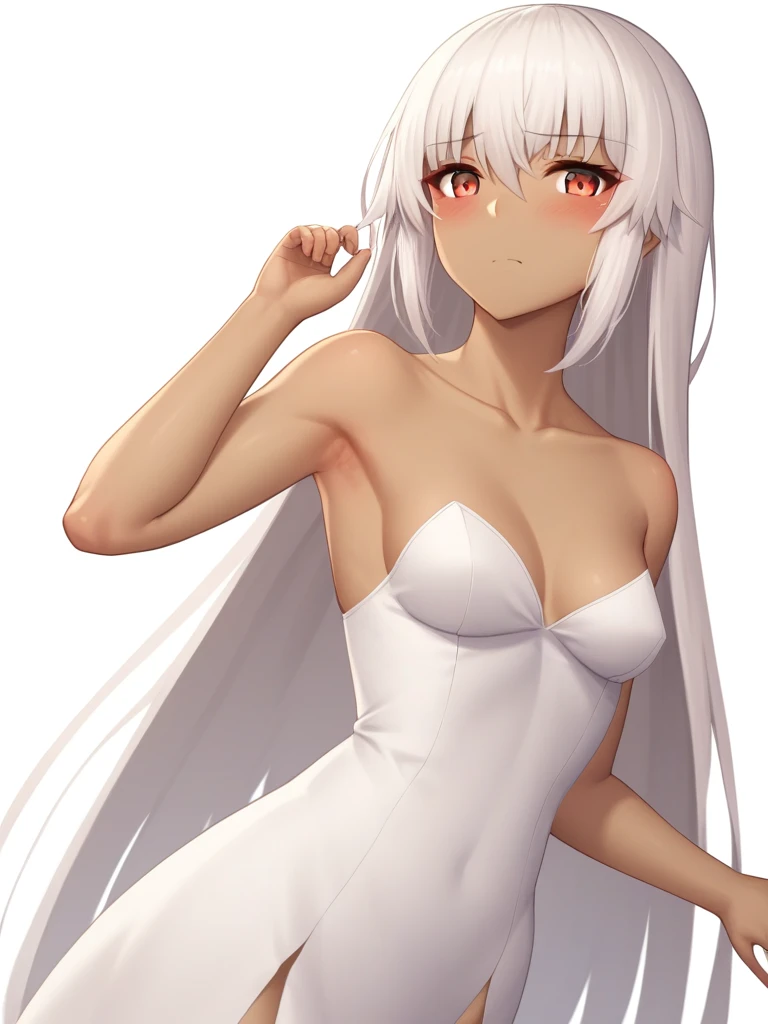 score_9,score_8_up,score_7_up,<lora:fgo_179_a1:1>,1girl, character: altera_(fate), character: altera_(formal_dress)_(fate), dark-skinned_female, solo, simple_background, white_background, cowboy_shot, looking_at_viewer, standing, blush, dark_skin, closed_m...