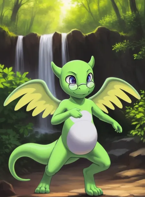 <lora:SmartDraDraVilYif:1> SmartDraDraVil, dragon, green skin,  white belly, pale blue eyes, glasses, green little horns, chibi, (small body,) wings, thin, slender,
Looks at the viewer, [  solo, (nature), forest, day, clouds, waterfall,]  ((dancing ))
(bea...