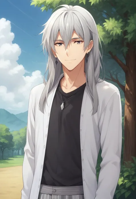 score_9, score_8_up, score_7_up, source_anime, highly detailed, 
yukito,  1boy, male focus, striped pants, solo, multicolored hair, grey eyes, pants, shirt, jewelry, upper body, grey hair, long hair, smile,
outdoor, sky, clouds, tree