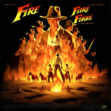 fire, 2boys, open clothes, formal, cowboy hat, 6+boys, night, sword