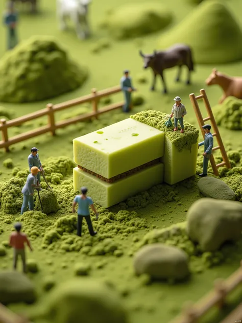 OBweisuo,This is a high-resolution photograph featuring a whimsical, miniature farm scene set against a backdrop of finely ground matcha green tea powder, which serves as the "soil." The photograph is meticulously detailed and vibrant, with a focus on a si...