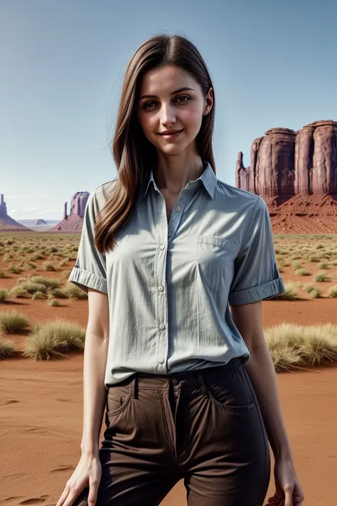 European woman, closeup, (shirt), pants, (Monument Valley), (), smiling , ZM_evie, wide shoulders, perfect face, (contact iris: 1.1), pale skin, skin pores , depth of field