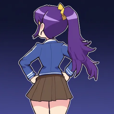 <lora:ddlc-yuri-ponyxl-lora-nochekaiser:1> ddlcyuri, hair ornament, hairclip, long hair, purple eyes, purple hair, blazer, blouse, blue skirt, jacket, brown jacket, miniskirt, neck ribbon, ribbon, school uniform, shirt, skirt, white shirt, wing collar, ((h...