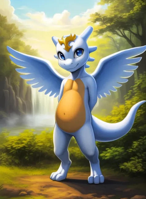 <lora:GodDragonDraVilYif:1> GodDragonDraVil, dragon,( white skin), brown belly, blue eyes,( chibi, small body,) wings,
Looks at the viewer, [  solo, (nature), forest, day, clouds, waterfall,] 
(beautiful, aesthetic, perfect, delicate, intricate, saturated ...