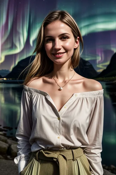 European woman, closeup, (shirt), pants, (Northern Lights in Norway), pearl necklace , smiling , ZM_desiree, wide shoulders, perfect face, (contact iris: 1.1), pale skin, skin pores , depth of field