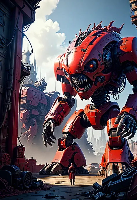 Create a detailed scene with a large, red mechanical creature in the foreground.