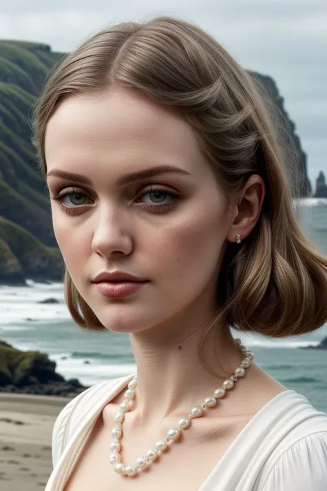 European woman, closeup, (shirt), pants, (oregon coast), pearl necklace , (), ZM_riley, wide shoulders, perfect face, (contact iris: 1.1), pale skin, skin pores , depth of field