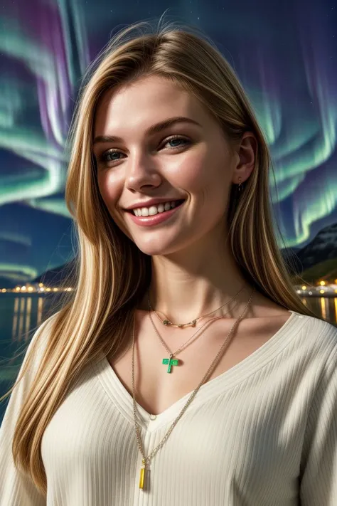 European woman, closeup, (shirt), pants, (Northern Lights in Norway), cross necklace , smiling , ZM_april, wide shoulders, perfect face, (contact iris: 1.1), pale skin, skin pores , depth of field