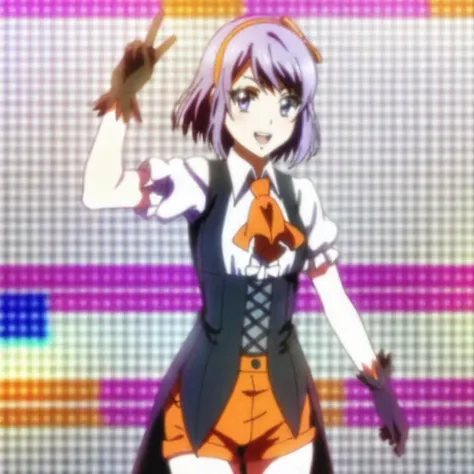 <lora:Shinokanojoxkanojo_pony_v1:.8>NeneIdol, 1girl, black gloves, purple hair, short hair, orange shorts, hairband, purple eyes, ascot, cowboy shot