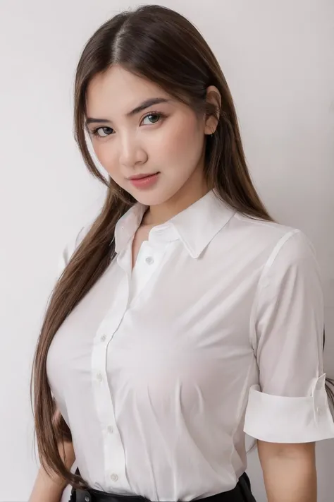 photo of beautiful young woman with big boobs (simple background , white background), (looking at viewer, eye contact. beautiful eyes), (((white collared shirt, office lady))), from above, (masterpiece, best quality, incredible detail, perfect lighting, ul...